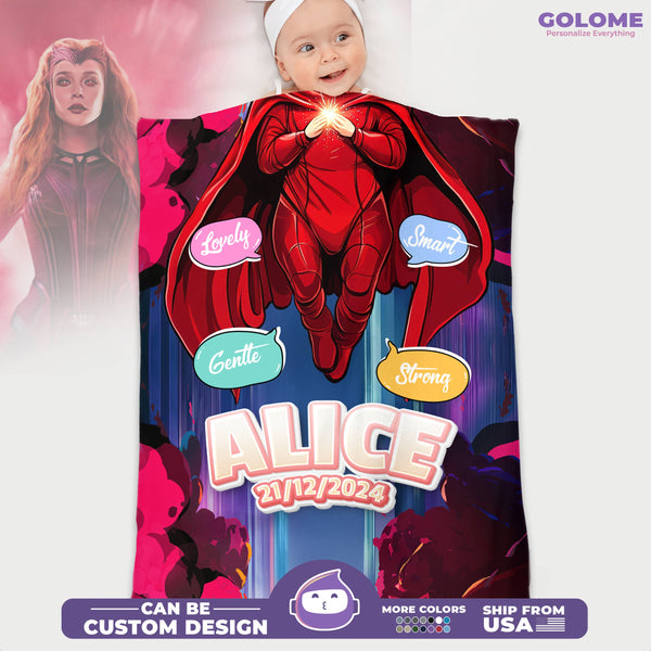 Personalized Scarlet Magic Baby Blanket – Superhero Girl Style with Custom Name & Background